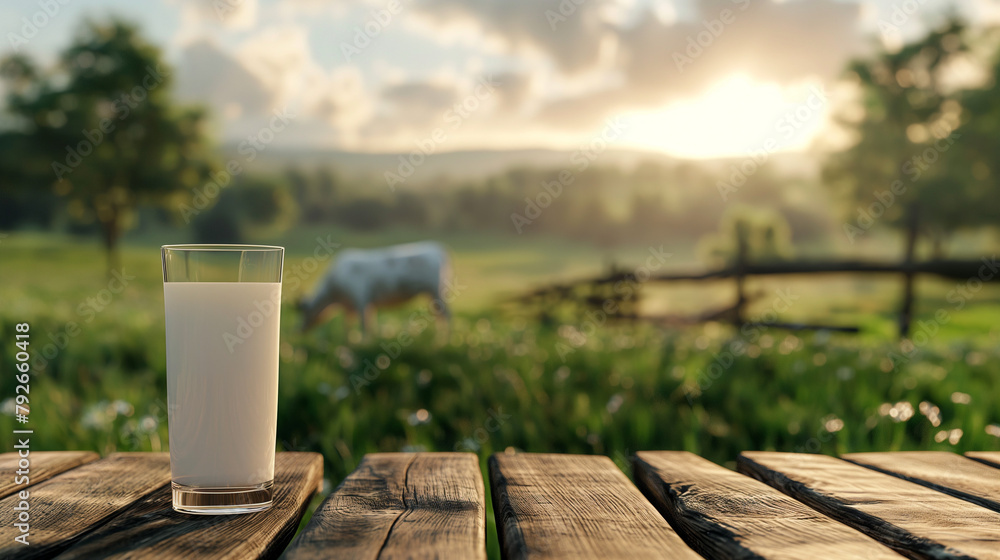Milk glass on wooden table with field background Milk glass on wooden table with field background