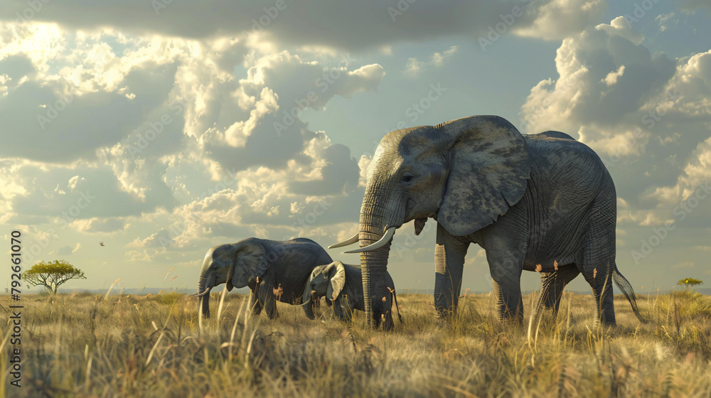 Mother Elephant and Family on Savannah
