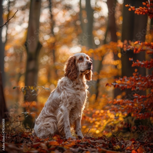 Graceful Clumber Spaniel sitting peacefully in dense forest.