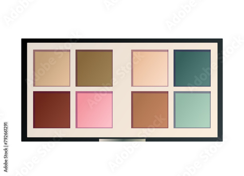 Eyeshadow palette. Black plastic square case with nine colorful powder matte, glitter round samples. Vector.