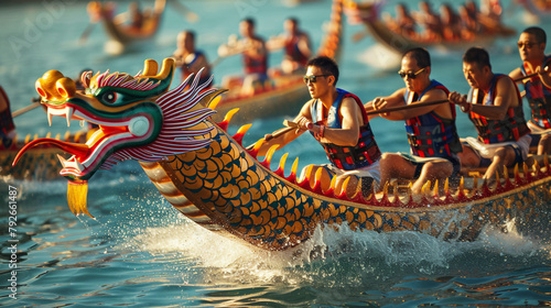 A jubilant Lunar New Year dragon boat race with teams rowing in sync. © CREATER CENTER