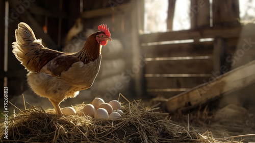 A hen with eggs in barn