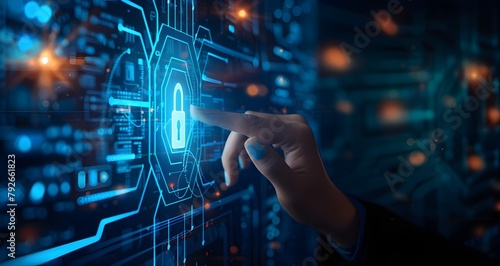 Hand touching digital screen with icons of bank, social media and company logos on a dark background, A businessman is using security technology