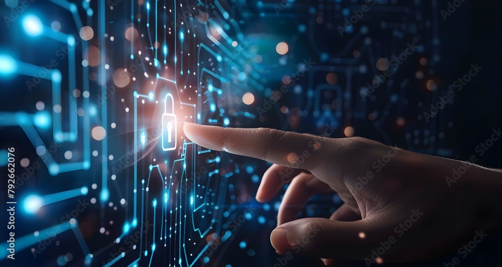 Hand touching digital screen with icons of bank, social media and company logos on a dark background, A businessman is using security technology Hand touching digital screen with icons of bank, social media and company logos on a dark background, A businessman is using security technology
