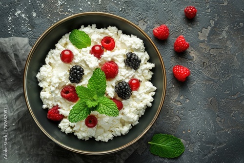 Fresh cottage cheese with berries and mint leaves on a rustic dark textured surface