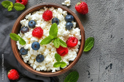 Fresh cottage cheese with berries and mint leaves on a rustic dark textured surface