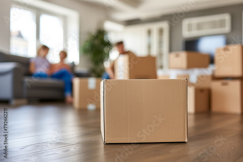Cardboard box in living room, family blur on background. Moving, relocation concept