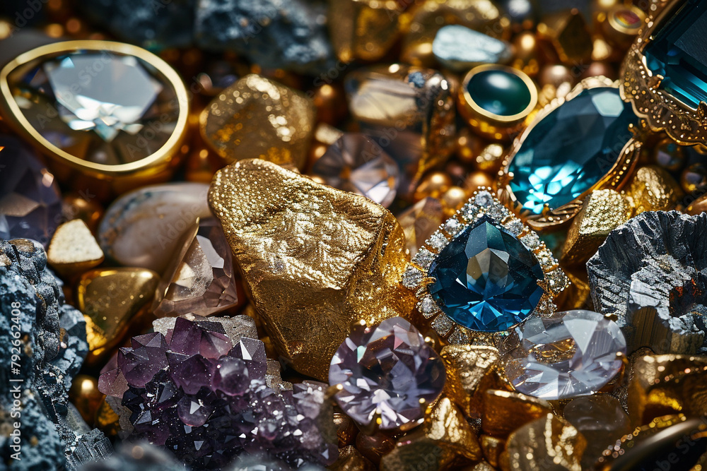 Assorted Gemstones, A sparkling array of gemstones and gold nuggets showcasing luxury and wealth. Assorted Gemstones, A sparkling array of gemstones and gold nuggets showcasing luxury and wealth.
