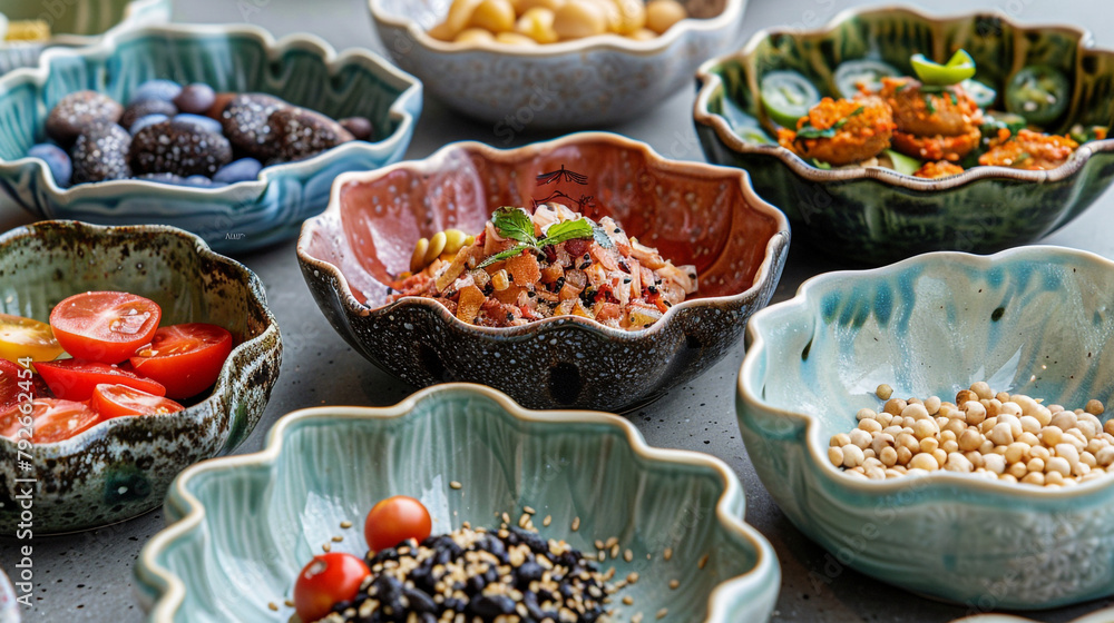 A collection of decorative ceramic bowls, each holding a tasty snack.