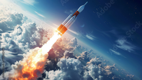 A newly launched rocket blasting into the stratosphere, leaving behind a trail of fire and ambition