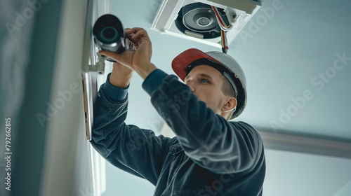 Professional Camera Installation, Technician in hard hat installing a security camera on the ceiling. photo