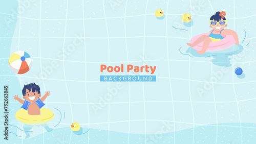 Kids Pool Party Background vector illustration. Boy and girl having fun in swimming pool. Pastel theme