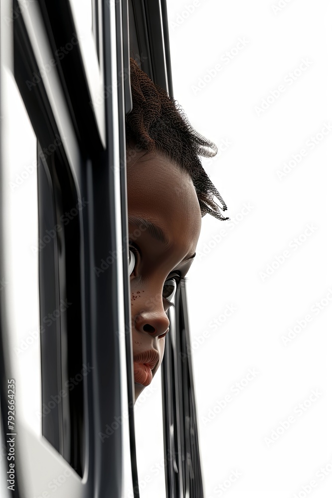 Curious young dark-skinned child peeking from behind the door Curious young dark-skinned child peeking from behind the door
