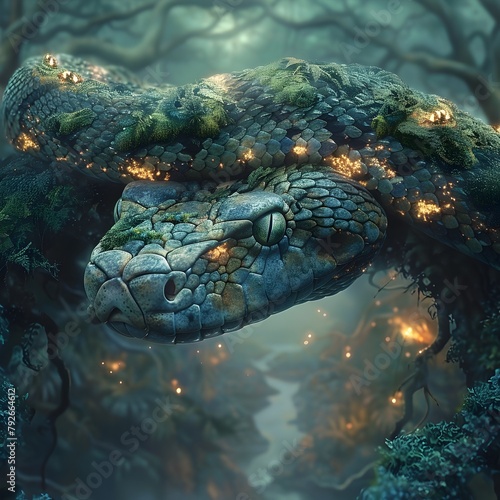 Nature's Symbiotic Bridge: A Snake's Scales Uniting Two Floating Forest Parts photo