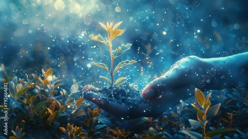 A hand holding a growing plant with water drops in the background.