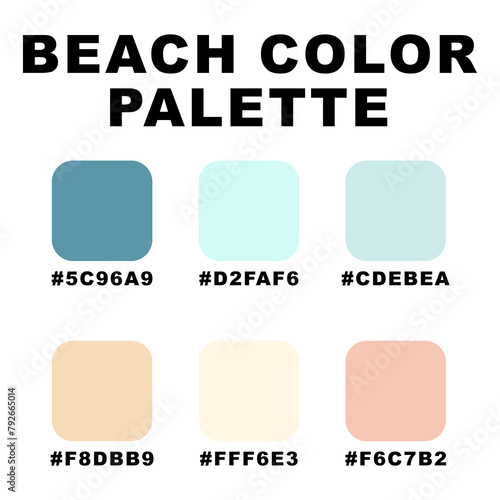 Vector illustration with palette. Color matching palette. Fashion Trend Color guide palette. RGB HEX color guide Swatch Catalog Collection. Beach summer ocean. An example of a color palette vector.