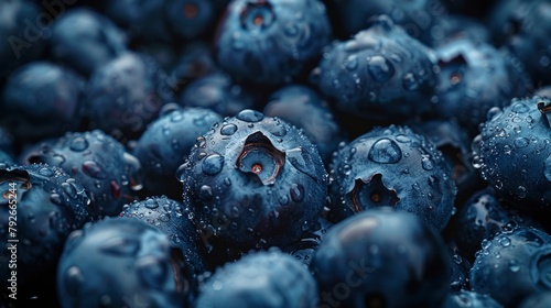 A pile of fresh blueberries wide view image with water dew on the surface of the blueberries backgrounds