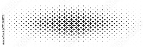 horizontal black halftone of aeroplane spread from center design for pattern and background.