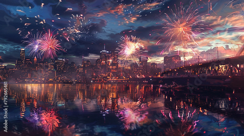 A jubilant New Year's Eve fireworks display reflected in a city skyline.