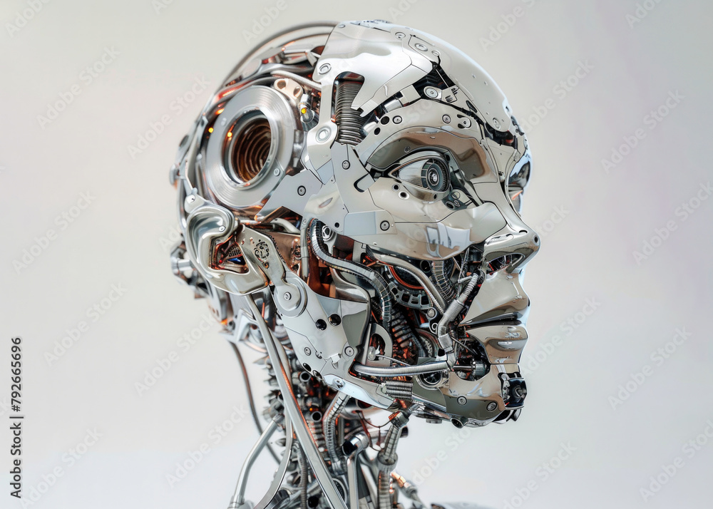 3D rendering of a robot head with high detailed electronic components, on a white background 3D rendering of a robot head with high detailed electronic components, on a white background