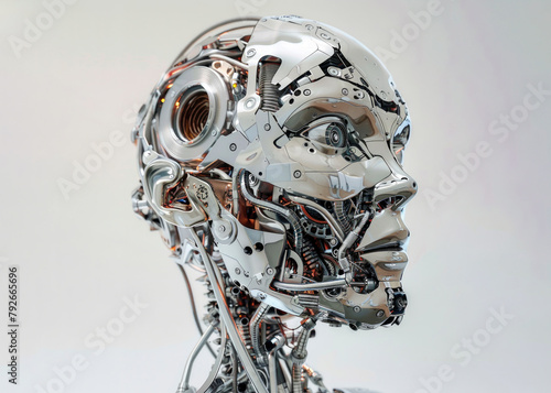 3D rendering of a robot head with high detailed electronic components, on a white background