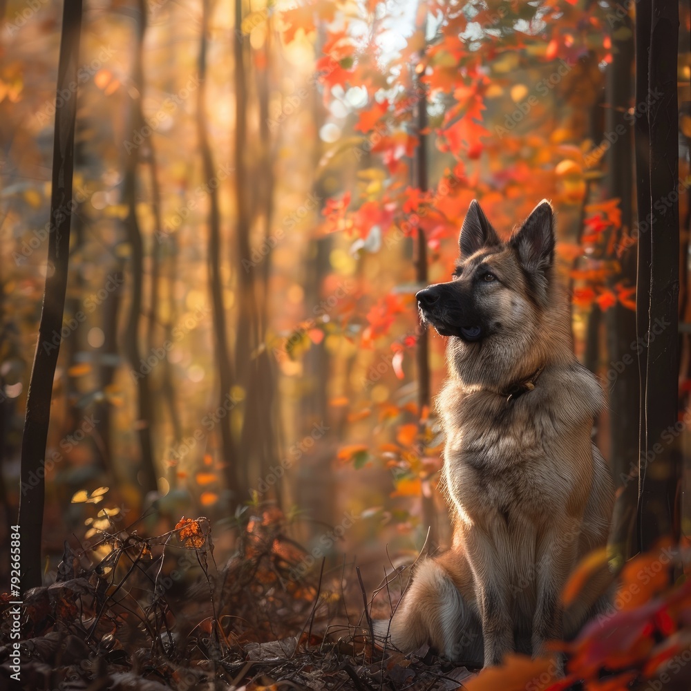 Majestic Norwegian Elkhound sitting gracefully in dense forest setting Majestic Norwegian Elkhound sitting gracefully in dense forest setting