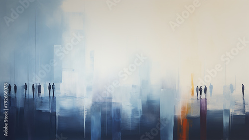 Passers-by, silhouettes of people in the urban landscape, walking in the rain, faded color background of the image, watercolor abstraction in white and blue tones