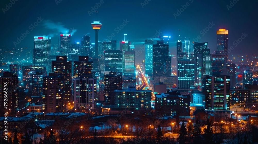 A city skyline at night with buildings illuminated by the glow of streetlights powered by biodiesel. The city has implemented a sustainable energy plan that includes the use of biofuel .