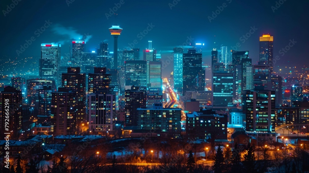 Obraz premium A city skyline at night with buildings illuminated by the glow of streetlights powered by biodiesel. The city has implemented a sustainable energy plan that includes the use of biofuel .