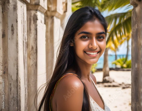 Sunlit Grace: Beautiful Indian Girl in a Bikini on the Shores of the Indian Ocean