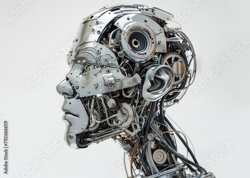 3D rendering of a robot head with high detailed electronic components, on a white background