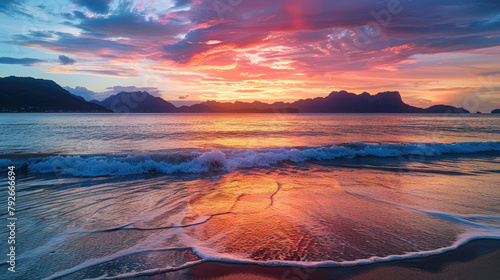 Sunset on seashore waves caressing the beach with mountain silhouette horizon