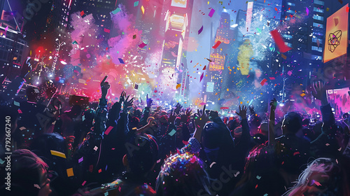 A jubilant New Year's Eve party with confetti raining down on revelers. © CREATER CENTER