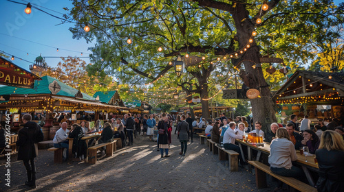A jubilant Oktoberfest beer garden filled with lively music.