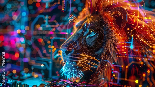 Digital lion in futuristic cyber environment with neon lights