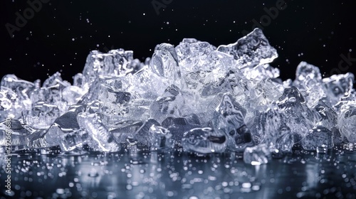 Stack of transparent ice cubes on a black background