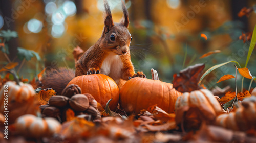 October autumn and Halloween red squirrel 