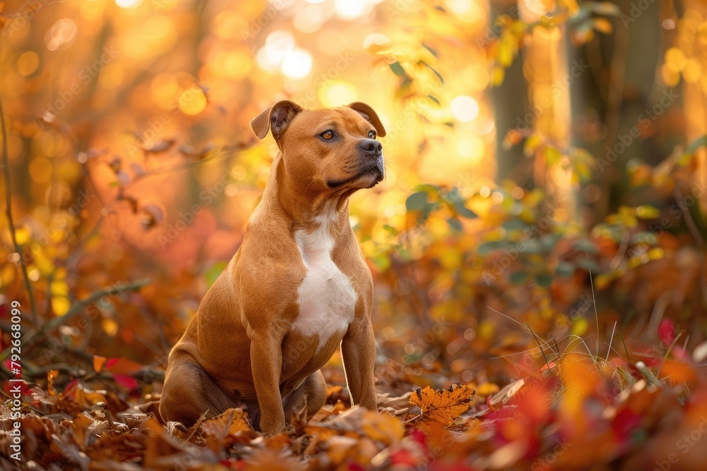 Majestic Staffordshire Bull Terrier sitting gracefully in the sunlight