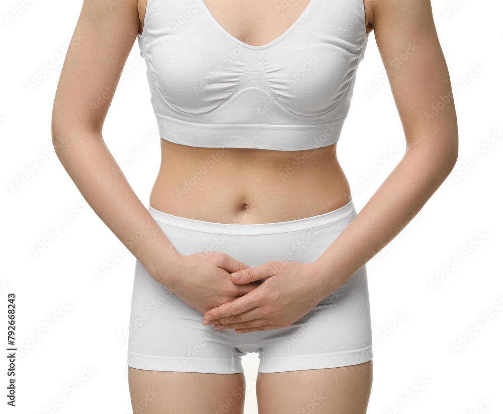 Woman suffering from cystitis on white background, closeup Woman suffering from cystitis on white background, closeup