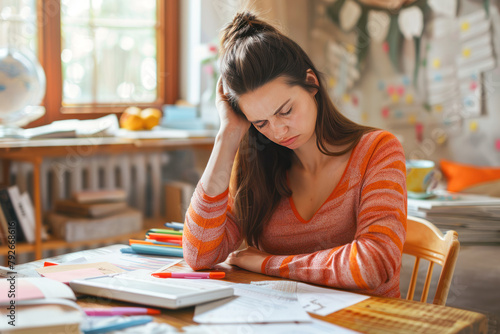 Young woman student tired from studying at home photo