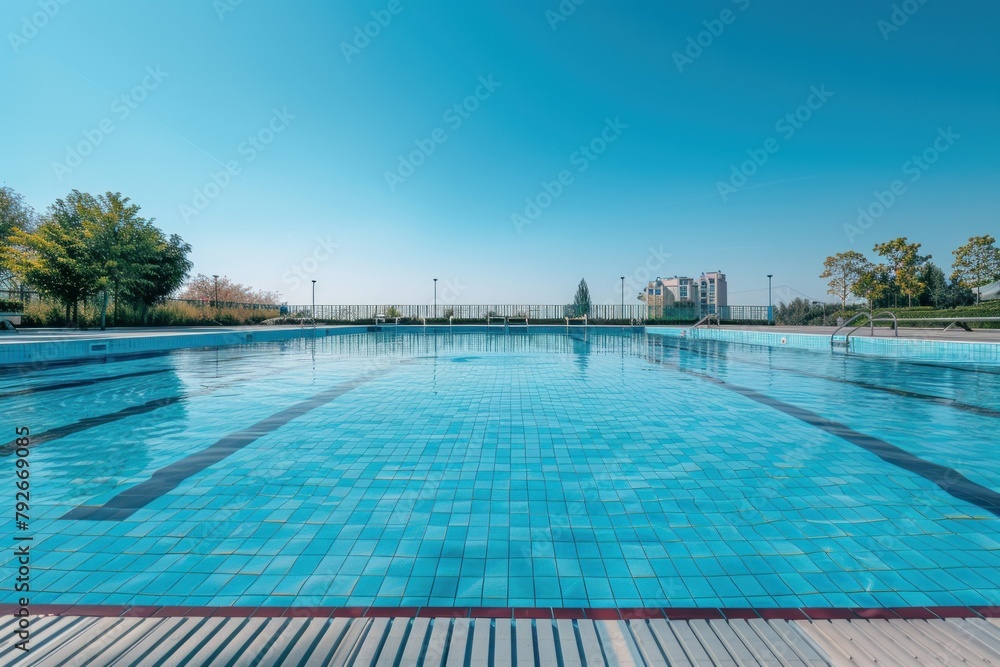 Fototapeta premium Crystal Waters of Olympic Pool Sparkling Under Summer Sunlight - Generative AI