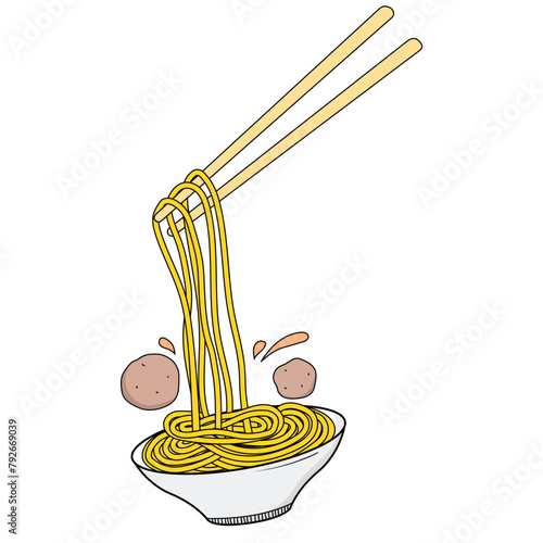 Meatballs and Noodles with chopsticks illustration  © bayurey