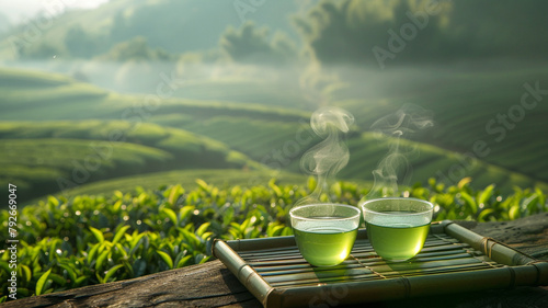 Hot matcha tea in a green tea plantation