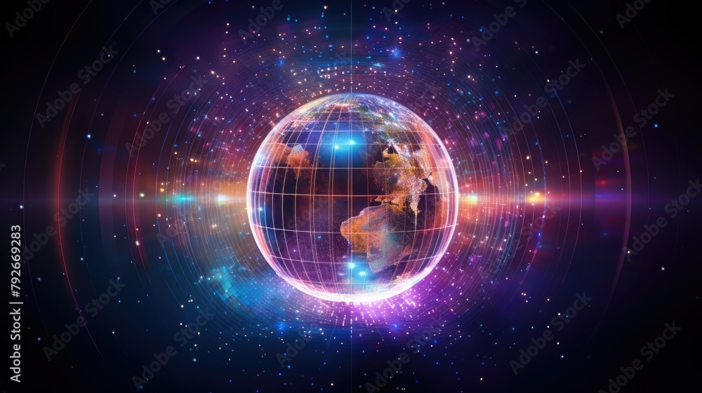 Abstract holographic globe surrounded by digital data streams, global connectivity Abstract holographic globe surrounded by digital data streams, global connectivity