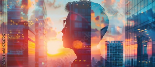 Double exposure of an businessman and the sightly skyscraper  sunset colors background.