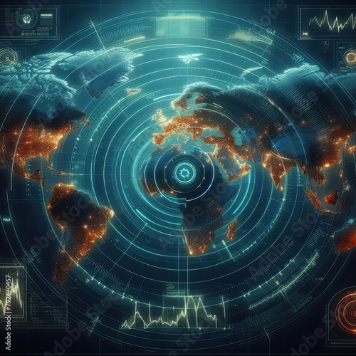 World map of terrain with radar interface, concept of communication