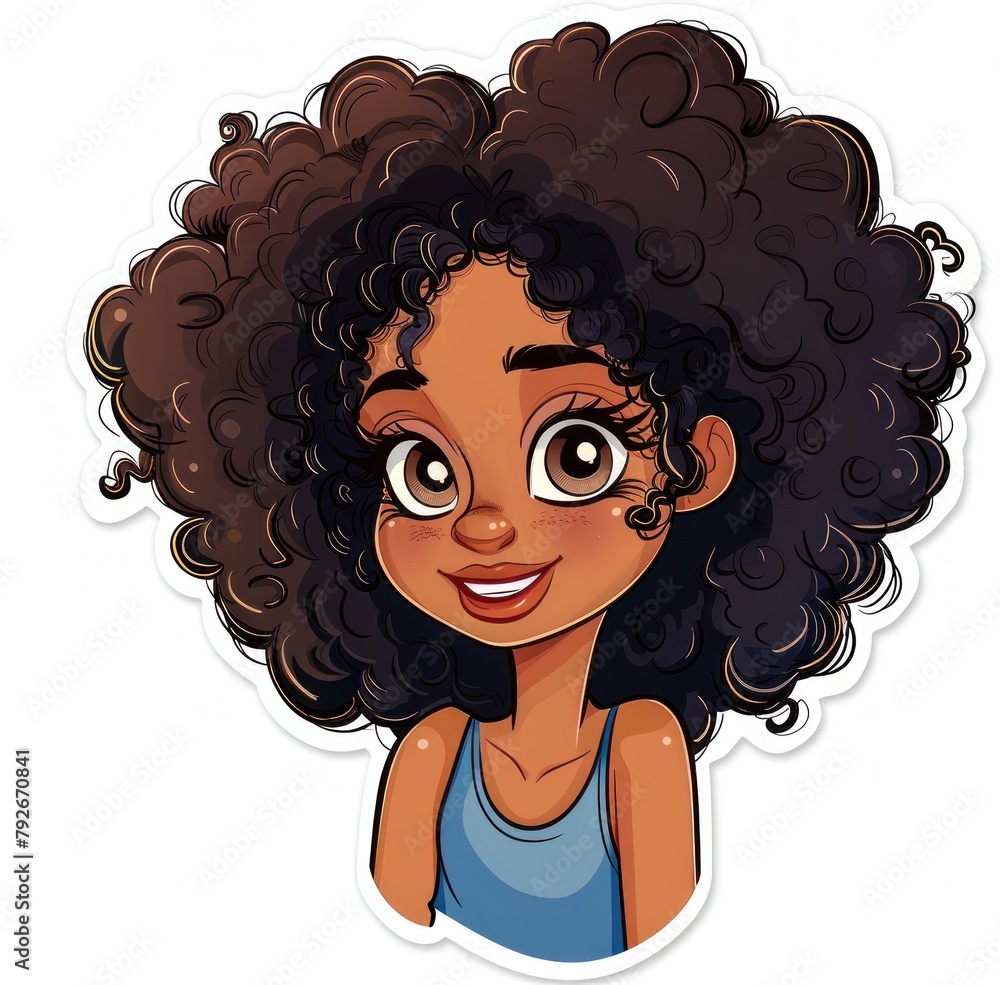 Charming Cartoon Girl with Curly Hair Sticker - Joyful and Bright - Generative AI Charming Cartoon Girl with Curly Hair Sticker - Joyful and Bright - Generative AI
