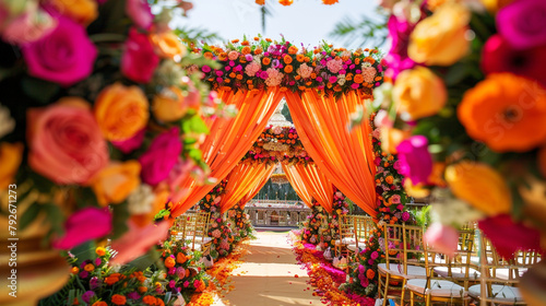 A vibrant Indian wedding ceremony with elaborate floral decorations.