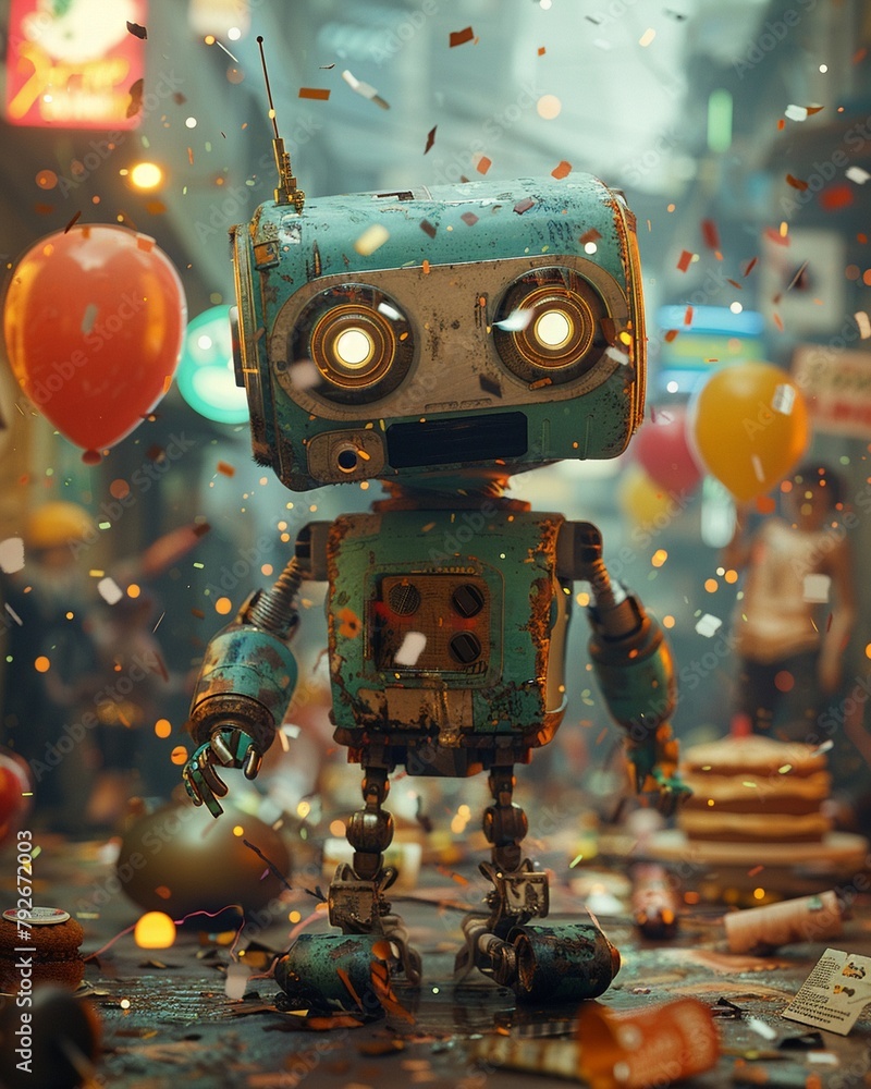 The retro robot, intended for a surprise party, stands amidst a pile of ...