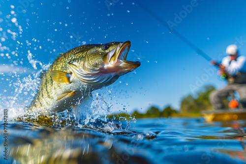 Action shot of a bass fish dramatically jumping out of the water during a fishing trip, with an angler in the background on a sunny day.